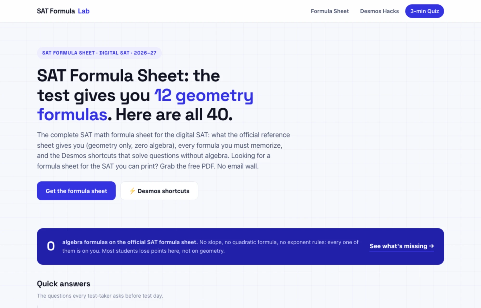 SAT Formula Lab homepage: the test gives you 12 geometry formulas, here are all 40